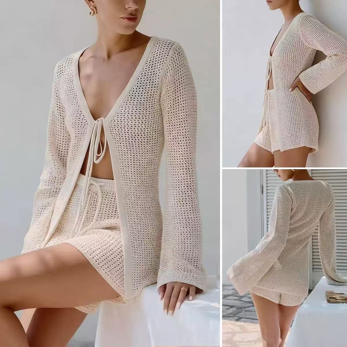 Breathable Hollow-Knit Beach Cardigan with Sun-Protective Side Waist Tie Design for Vacation Cover-Up