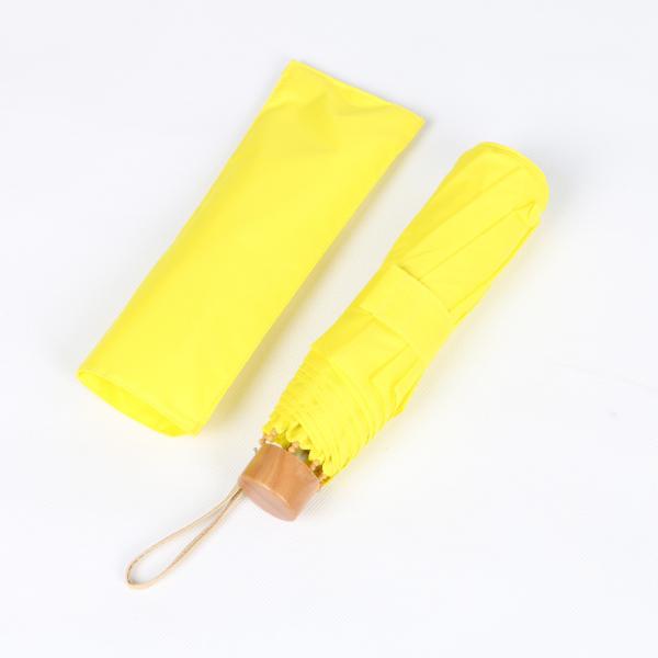 Wooden Handle Three Fold Umbrella Yellow Aluminum Shaft Lightweight Durable