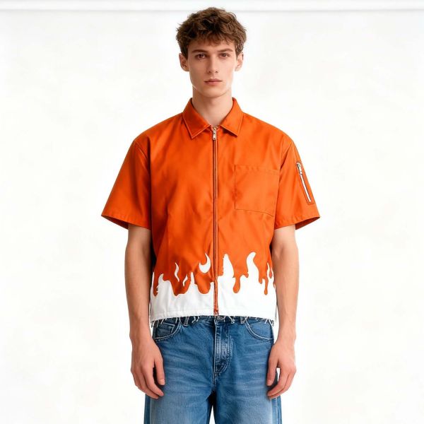 Custom Distressed Applique Embroidery Pu Shirt Zip up Summer Short Sleeve Hip Hop Oversized Leather Shirt for Men
