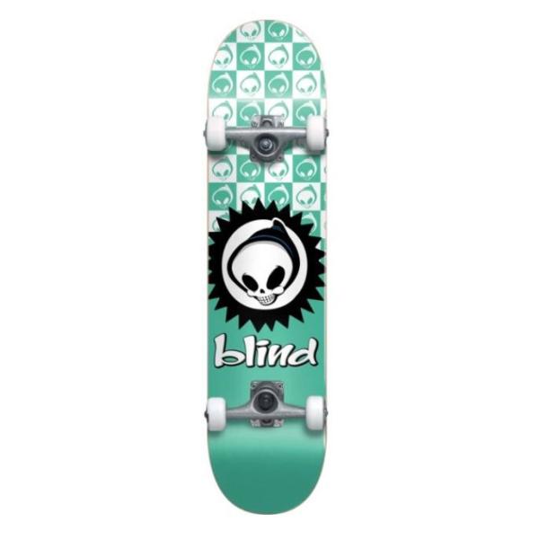 Blind Skateboards Checkered Reaper Teal Mini Complete Skateboard First Push w/ Soft Wheels - 7.37 x 29.8