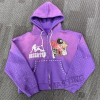 Vêtements de rue personnalisés Vintage Hoodies lavés Soleil décoloré Patchwork Tacheté Rhinestone Boxy coupé Fermeture à glissière Hoodie pour hommes