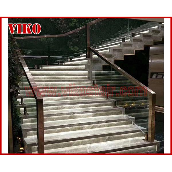Double Steel Stringer staircaseVK24S,Tread Marble Stainless Steel,Power Coated,Wooden Box,304 Stainless Steel, 12mm Temp