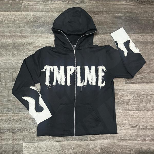 Regular Fit Distressed Embroidery Hoodie Unisex Hoodies Raw Hem Cropped Hoodie