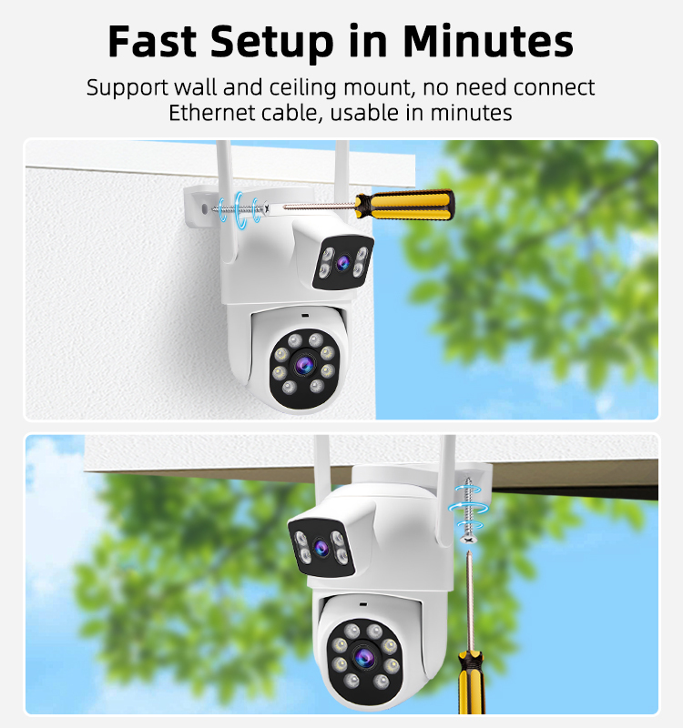 Dual‑Lens WiFi Security Camera Outdoor, 2MP+2MP Dual View Surveillance Camera, Panoramic PTZ Camera with AI Human Detection, Two‑Way Audio, 3‑Mode Night Vision, IP65 Waterproof for Home Yard Security