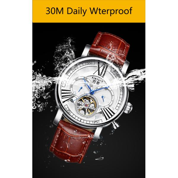 Brown Genuine Leather Luxury White Dial Automatic Movement Mens Waterproof Automatic Mechanical Watch