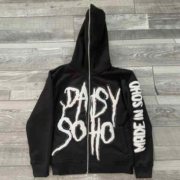 Custom Streetwear 100% Cotton Heavyweight Full Face Zip Up Rhinestone 3d Puff Printing Hoodies