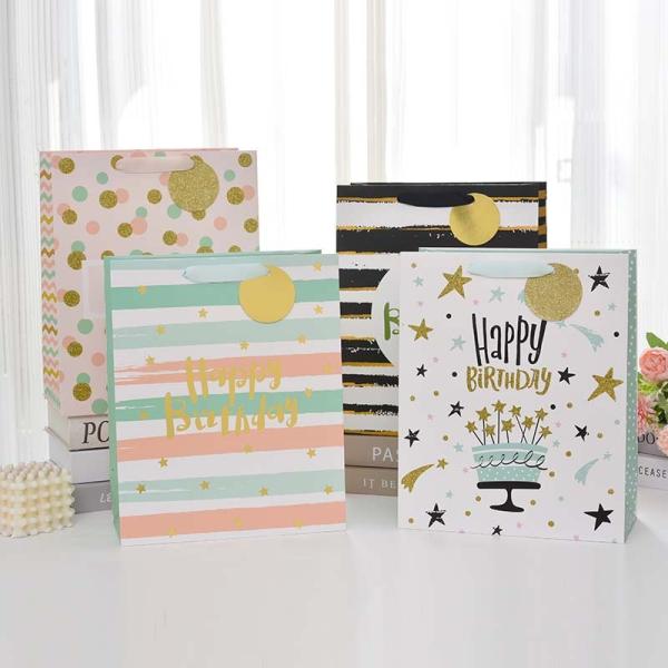 New Design Birthday Gift Bag Packaging English Paper Bag Hot Stamping White Card Handbag
