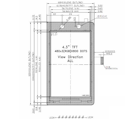 IPS TFT LCD дисплей с 4,3-дюймовым вертикальным экраном 500 Cd/M2 Яркость 50000 H Время службы