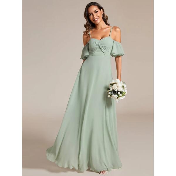 Empire A-line Ruffled Off-shoulder Spaghetti Strap Criss-cross Ruffles Sleeve Mint Green Chiffon Bridesmaid Dresses 