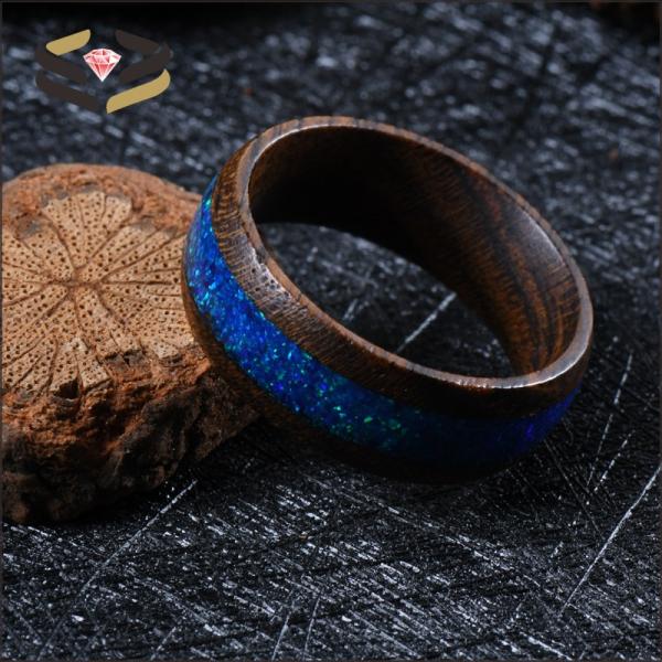 Anillos de madera de ébano dorado tipo perla de 8 mm con incrustaciones de ópalo azul