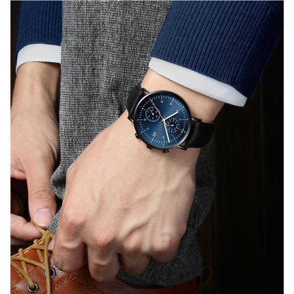 Chronograph Function Alloy Men Quartz Wristwatch Black Genuine Leather Strap Watch