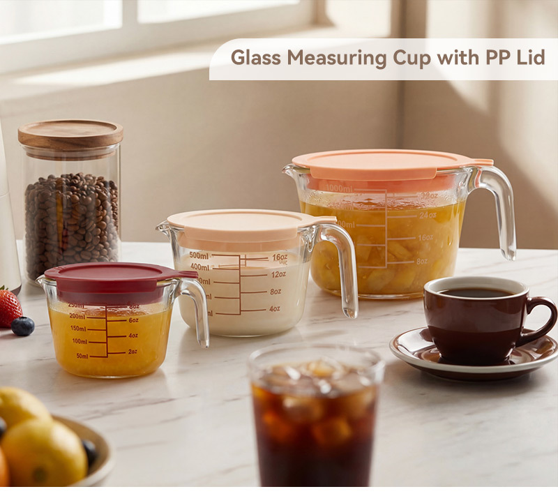 IKOO 3 pcs glass measuring cups set with lids set 1-Cup, 2-cup, 4-cup measuring jugs with handle, nesting liquid measuring cups for kitchen