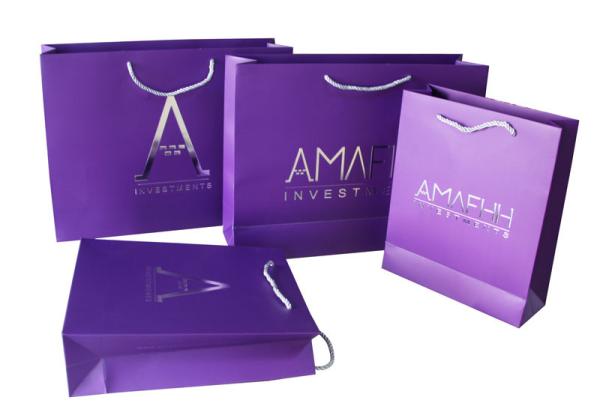 Purple Paper Printed Carrier Bag Foil Silvery Embossed for Advertising