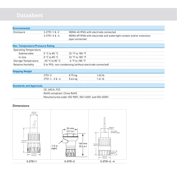GF Signet Type 2751 DryLoc pH ORP Smart Sensor for Wastewater Treatment with Plastic Material and Universal Motor