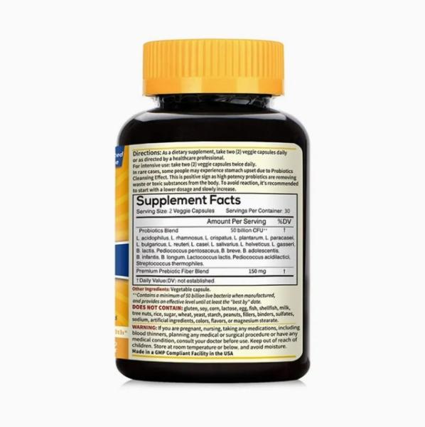 Probiotic Capsules Organic Vegan Immune Support Digestion & Gut Fiber Supplement