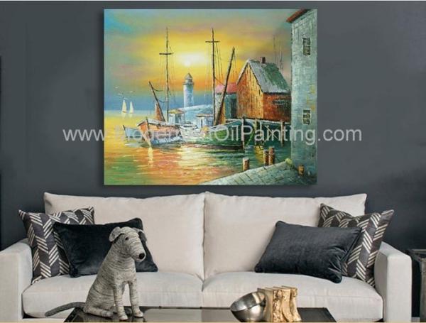 Porto da pintura a óleo dos barcos de Sailling, pintura de paisagem moderna do por do sol