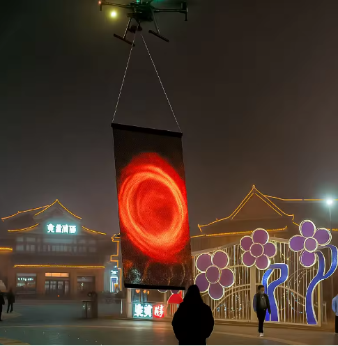 Different application  P15 LED Drone Screen Display Customized Transparent Thin Lightweight Mesh Screen IP68  Outdoor Advertising  Exhibition Sports Events Night Shows