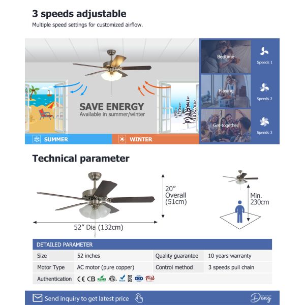 52-Inch European Style Ceiling Fan with MDF Blades and AC Motor for Classic Interiors