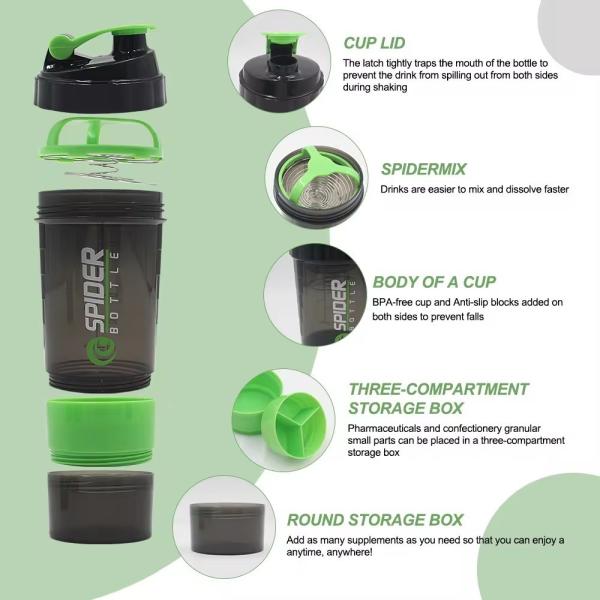 Leak Proof 16oz Fitness GYM Sports Protein Mixes Shaker Bottle with Two Extra Compartments