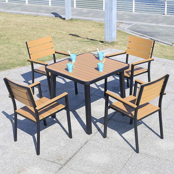 Outdoor Yard Wood Furniture in Black Aluminum Frame with Yellow Plastic Wood Table Set