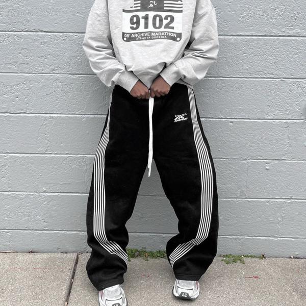 Custom Jogger Logo Street Wear Sweat Track Pants Men Heavyweight French Terry Oversized Wide Leg Striped Baggy Sweatpants