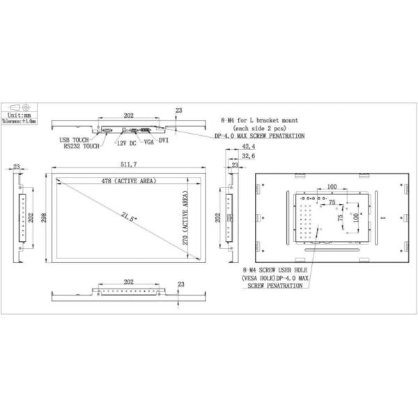 21.5 Inch SAW Touch Monitor Anti Vandal Dust Proof With LCD Screen