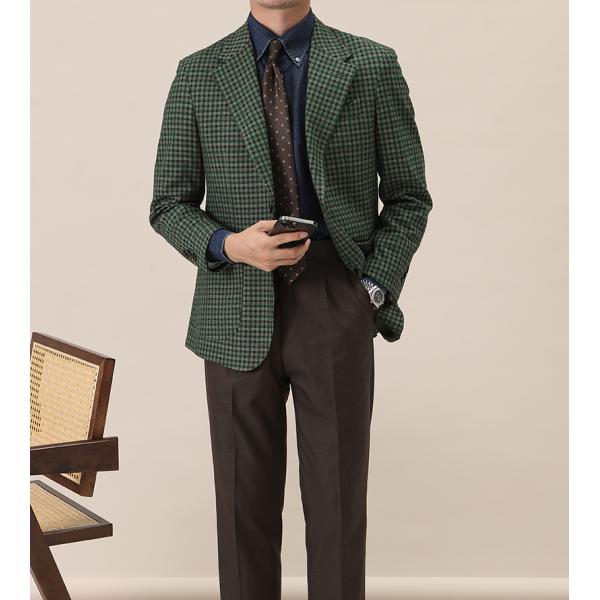 Polyester/Rayon Fabric Men's Suit Retro Single Breasted No Ironing Needed Green Plaid
