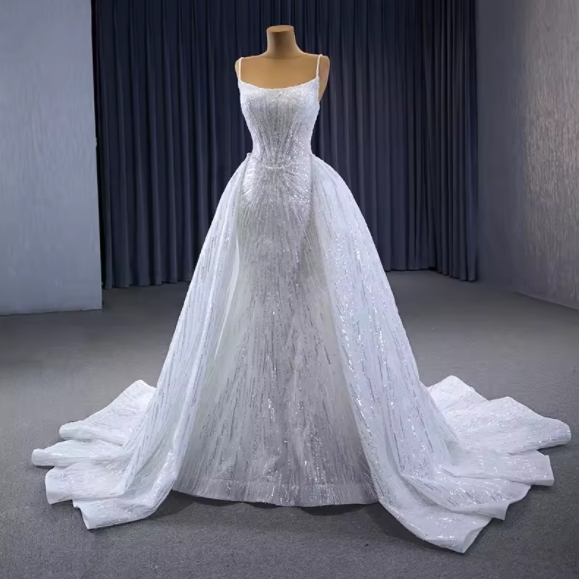 Elegant Beaded Spaghetti Straps A-line Court Train Boat Neck Lace-up Mermaid White Sequins Long Wedding Dress