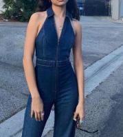 Salopette de denim de taille de décolleté en V sans manche de tirette de jeans de S de Women de fabricant d'habillement de petite quantité ' haute
