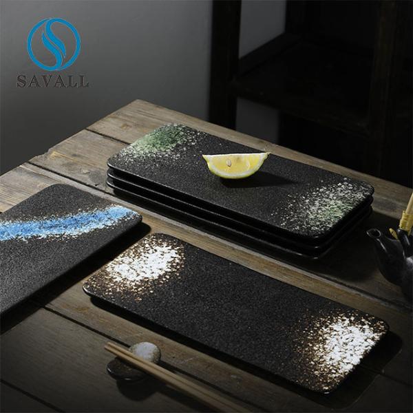 Rectangle Black Rustic Flat Porcelain Plate Thick Glaze Wear Resistant