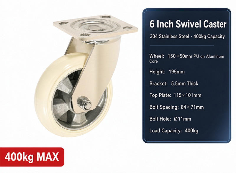 400 Kg Heavy Duty Loading Castors 6 Inch Swivel Caster PU Aluminum Core Wheel  304 Stainless Steel Fork
