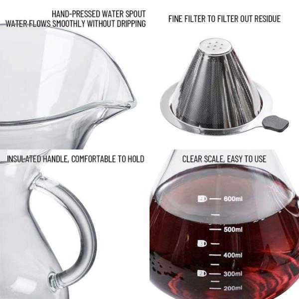 B2B Custom 400ml Glass Pour Over Coffee Brewer|Stainless Steel Filter&Wood Sleeve|Camping Brewing Pot