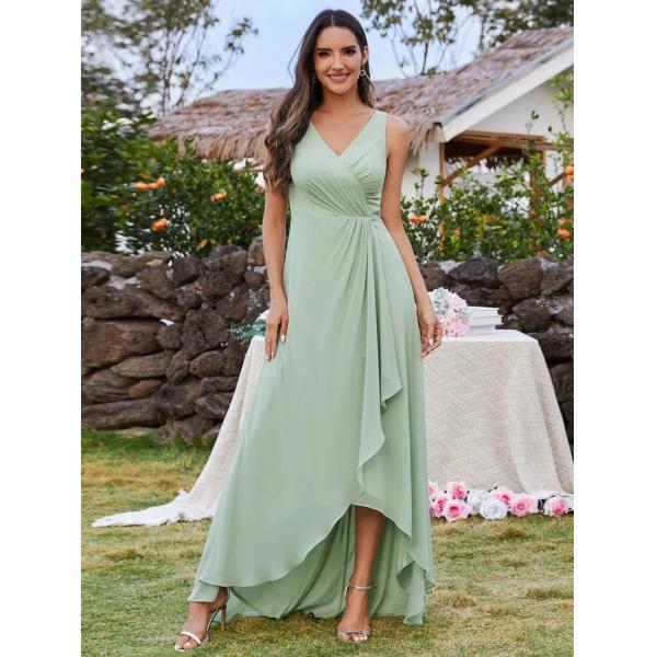 Sexy High-low Ruffles V-neck Waist Pleating Two Straps Pink Chiffon Pleated Lotus Leaf Sleeveless Bridesmaid Dress
