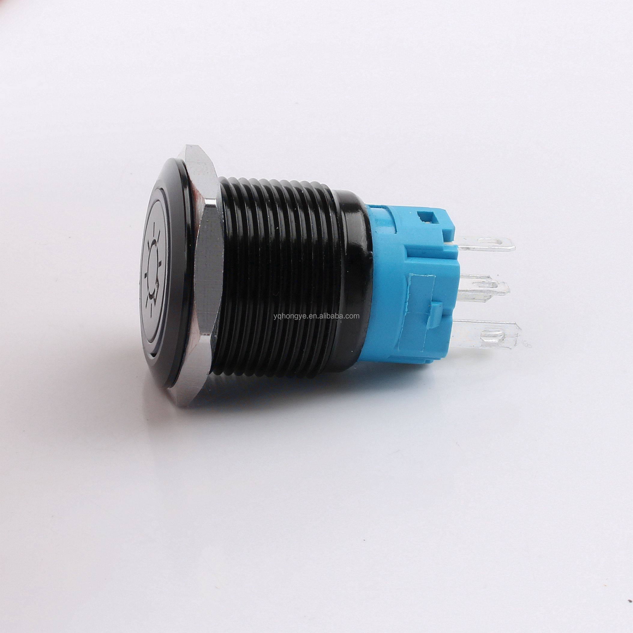 19mm Metal Push Button Switch Customizable LED Logo-IP65 Rated 220V Latching/Momentary (Black/Silver Shell) 1NO1NC Connector