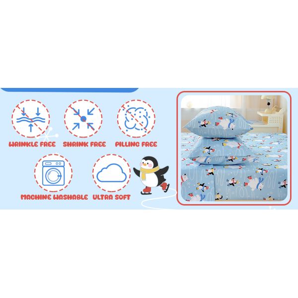 Toddler Sheet Set With Deep Pockets,Wrinkle-Free, Cozy Soft Penguin Skiing Bed Sheet Set