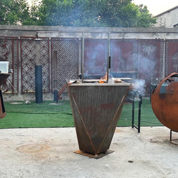 Outdoor Corten Steel BBQ Grill With Wood Storage And Natural Rusty Surface