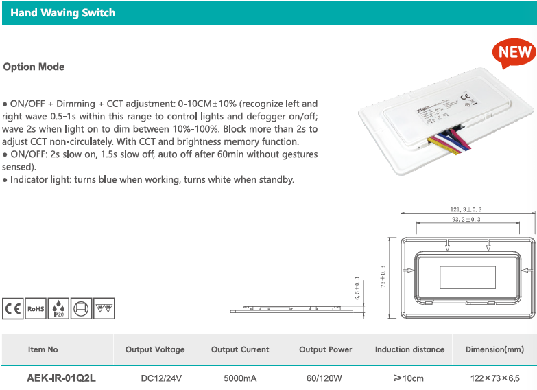 DC12V/24V Slim Mirror Hand Waving Sensor Switch with CCT Adjusting And Defogger Function