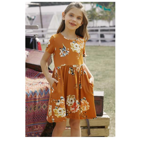 Summer Children's Clothing Solid Color Cotton Printed Short Sleeve Casual Girls Dress