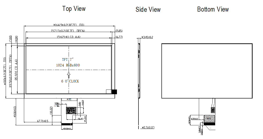 7.0 Inch TN WS TFT Industrial LCD Screen 1024x600 3.45mm Thickness Multiple Brightness
