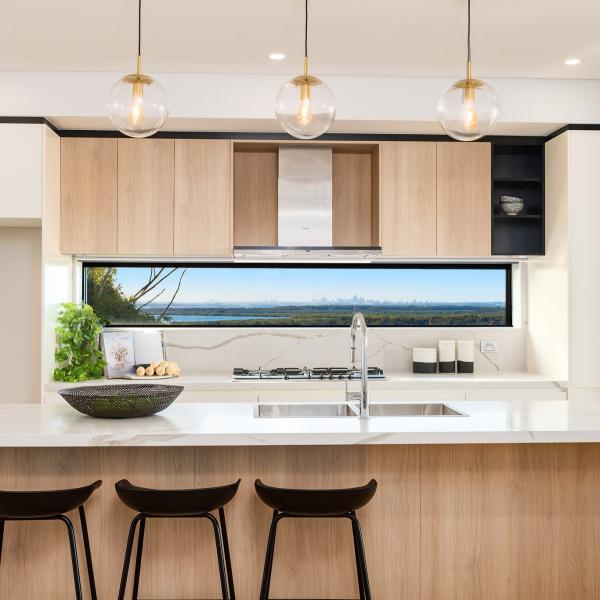 Wood Grain Melamine Kitchen Cabinet Furniture With Island DTC Blum Hardware