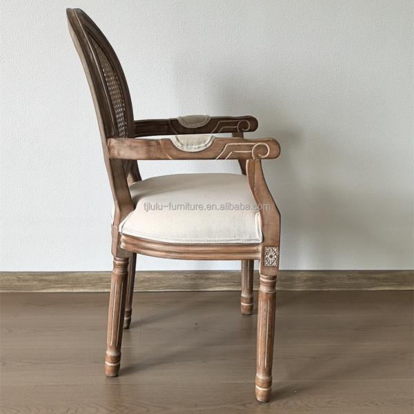 Modern Design Style Nitrolacquer Finish French Vintage Style Customized Wood Dining Fabric Louis Armrest Chair for Event