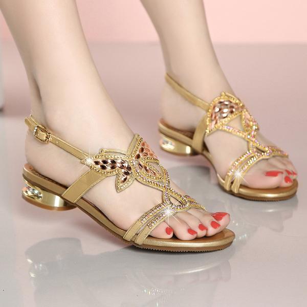 BS046 New Style Rhinestone Sandals, Women'S Summer Fashion, Low-Heel Crystal Sandals, Women'S Golden Flat Sandals And Sl
