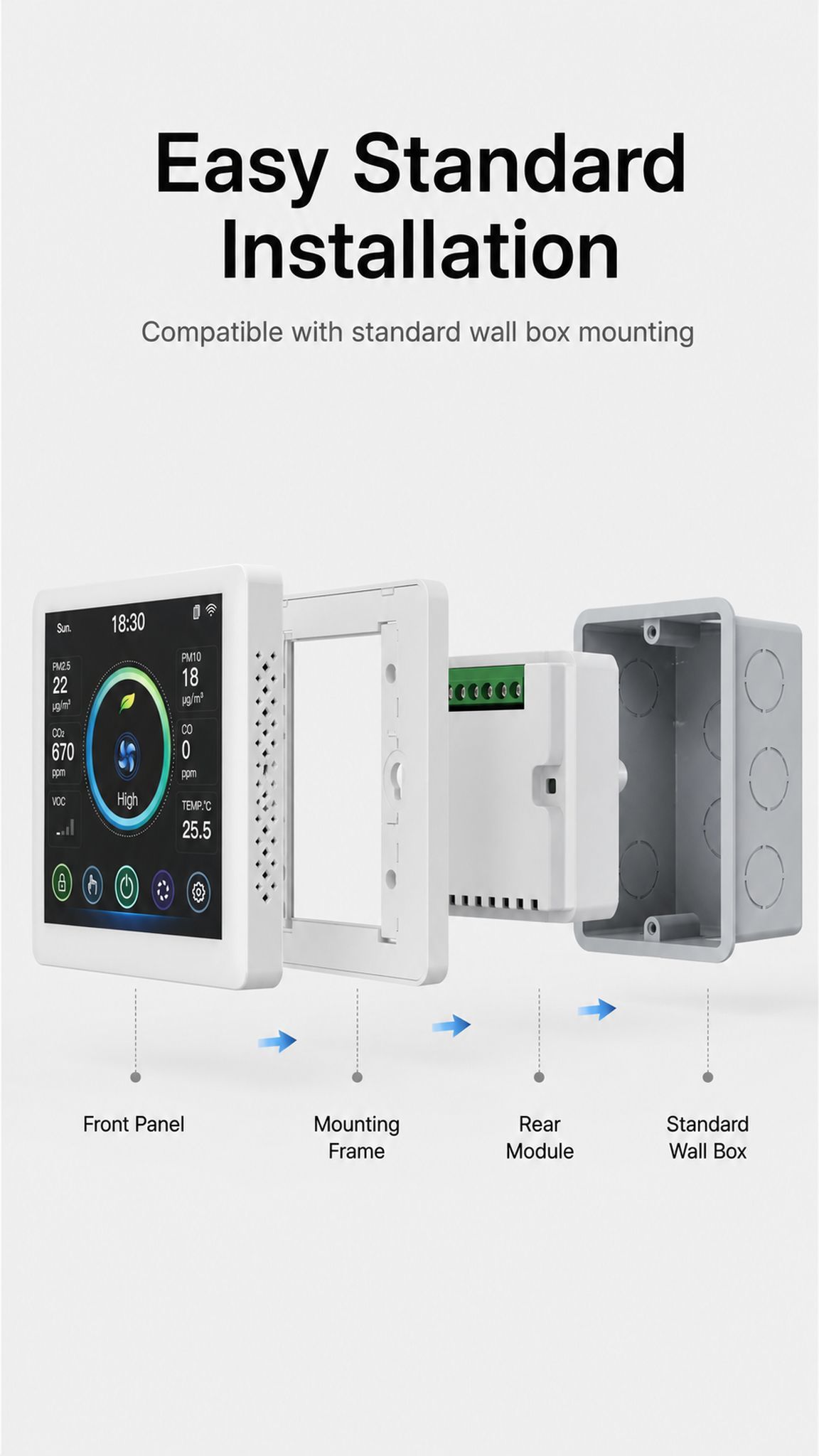 Smart Fresh Air Controller with PM2.5 CO2 VOC CO Sensor and Tuya WiFi APP Remote Control via Modbus RS485 Interface