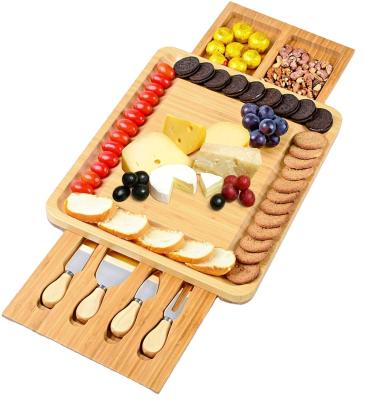 Double Side Wooden Serving Tray Bamboo Cheese Board Hidden Drawer Cheese Servers