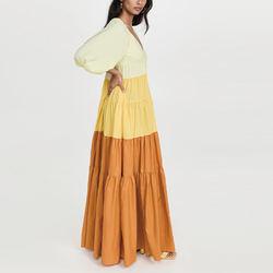                  Ladies V Neck Puff Sleeve Dress for Women Color Block Clothing Manufacturers Elegant Nylon Custom Logo Maxi Dress             