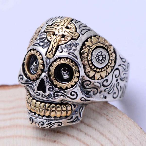 Mens Two Tone 925 Silver Skull Ring Retro Vintage Jewelry (XH052248W)