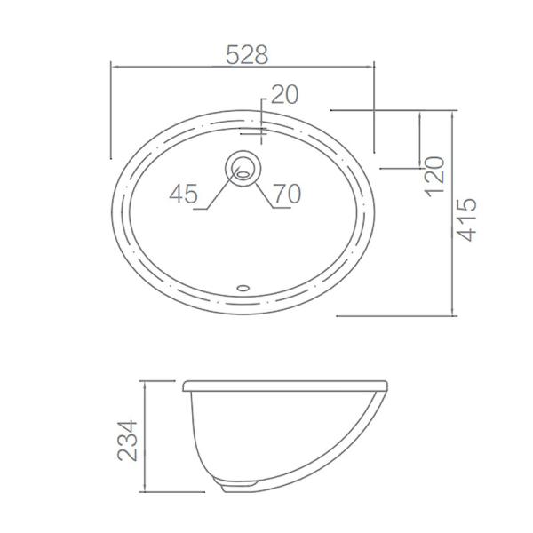 Белый овал под встречным тазом 528x415x234mm с переполнением