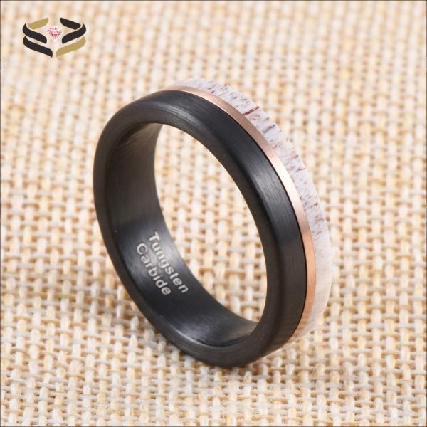 Occasions Christmas/ Year/Father's Day Men's Customized Handmade Black Tungsten Inlay Deer Horn Antler Wedding Band Ring