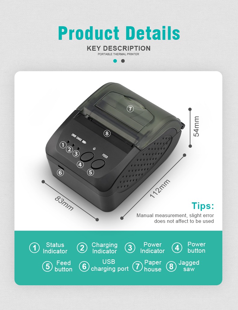 Карманный термопринтер Bluetooth для печати парковочных билетов Такси Ресторан Печать чеков