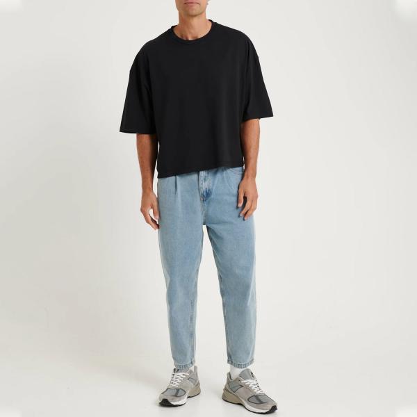 Black Boxy Cropped Graphic Tee Tshirt Men Heavyweight Cotton Box Cut Fit Short Sleeve Crop T Shirt